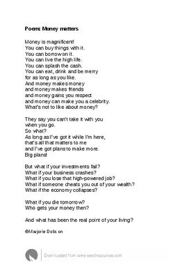 Poem: Money Matters; Contributed by Marjorie Dobson | The Worship Cloud